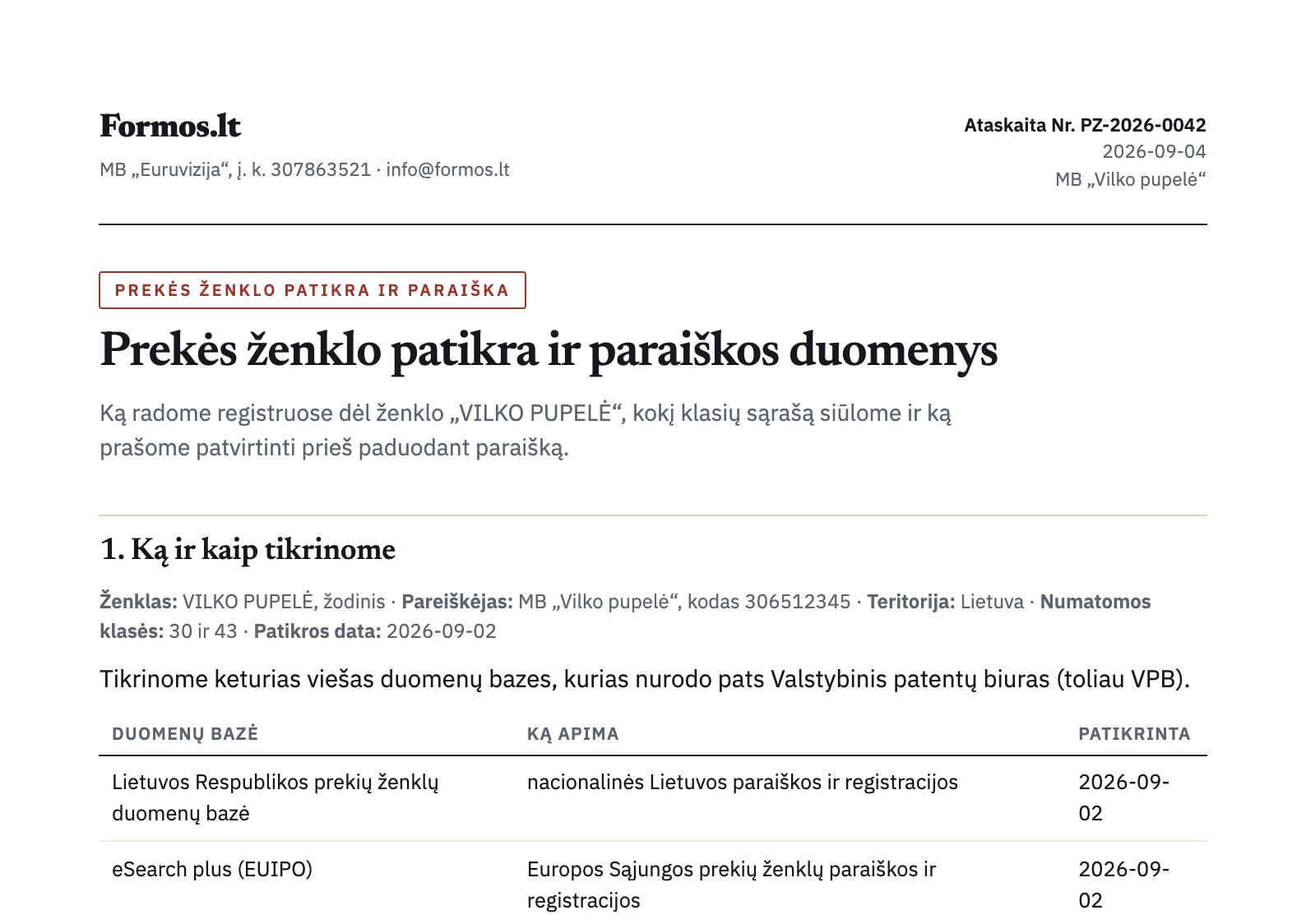 Prekės ženklo patikros ataskaitos pirmas puslapis: ką ir kaip tikrinome, rastų ženklų lentelė